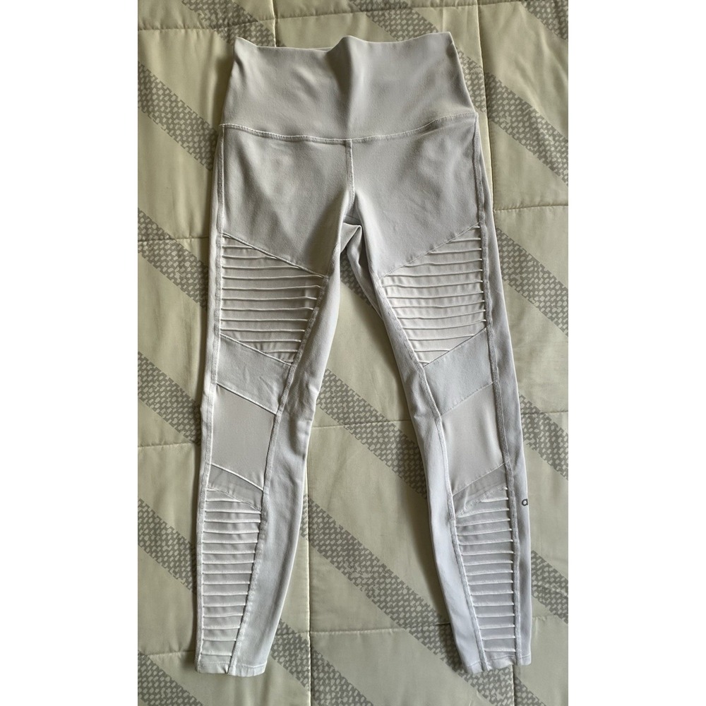 Alo‎ Yoga High-Waist Moto Legging White Mesh Ribbed XS Logo